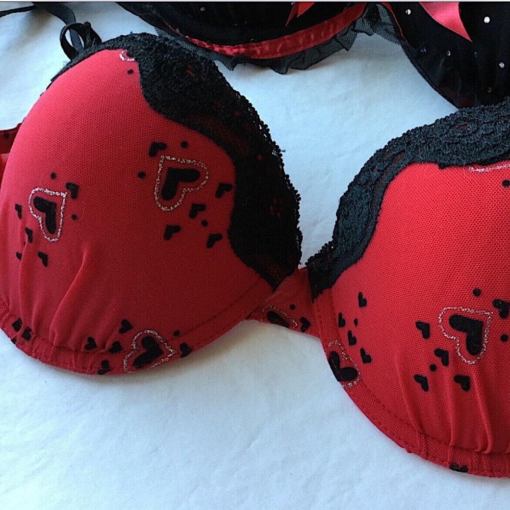 Embellished Bra Red/Black Glitter Hearts, 36C Valentines Day Themed